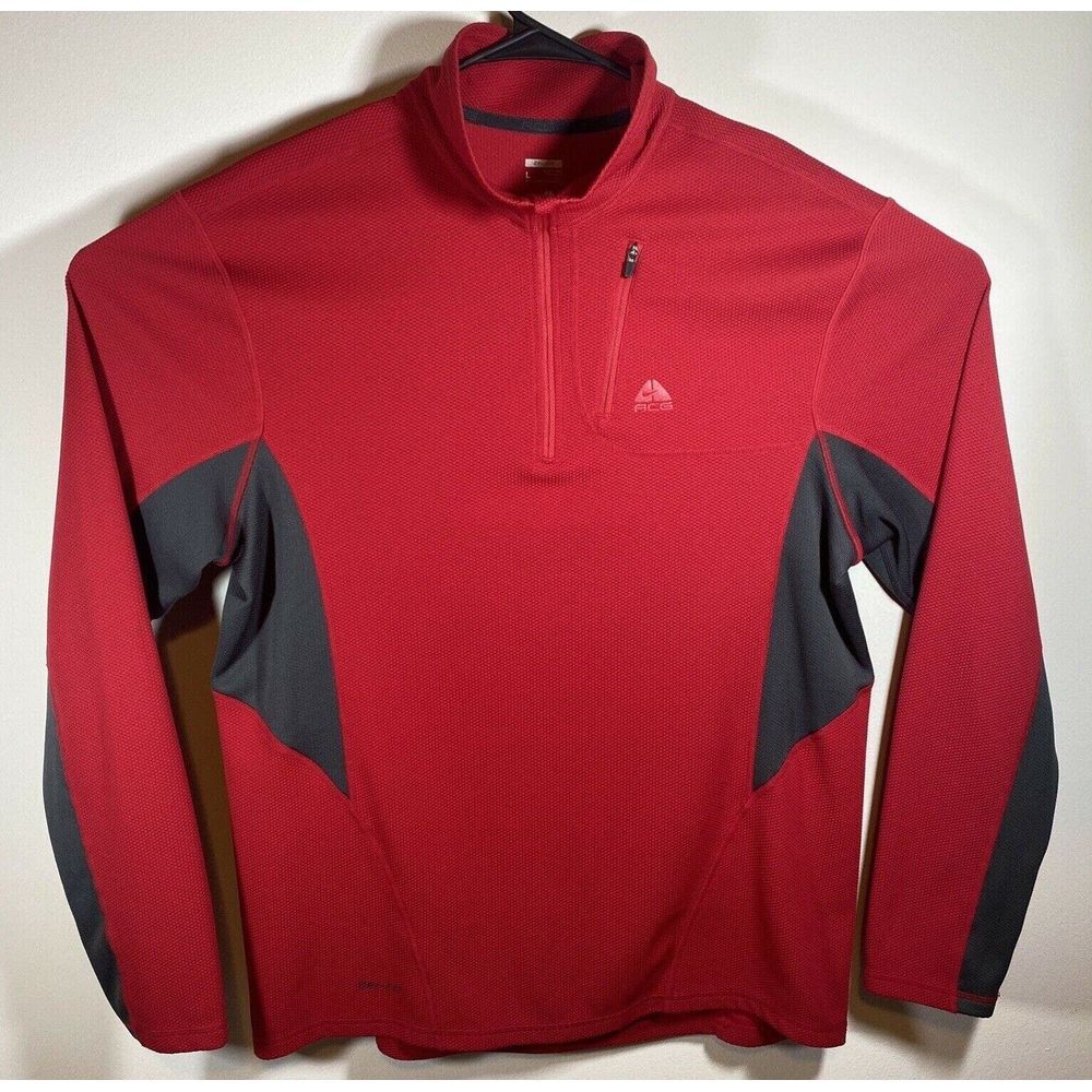 Nike ACG Dri-FIT Mens Red Grey Quarter Zip Pullover Waffle Knit Top Large